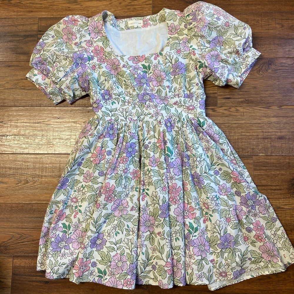 Entro Square neckline floral mini dress puff short sleeves easter spring large - Picture 3 of 6